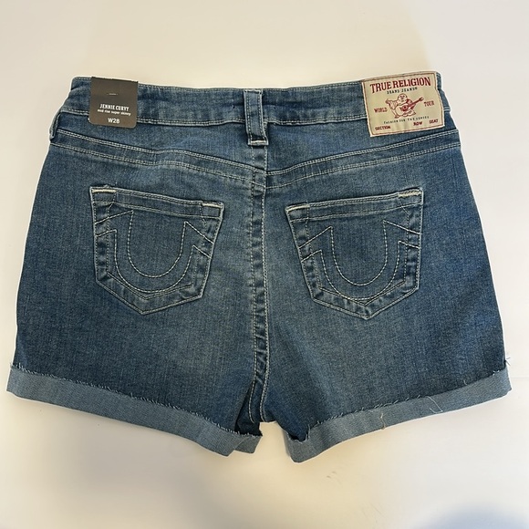 TRUE RELIGION Shorts Jennie Curvy Mid Rise Super Skinny Raw Roll Hem Medium Wash - Picture 2 of 7